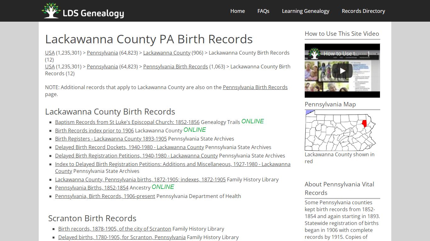 Lackawanna County PA Birth Records - LDS Genealogy